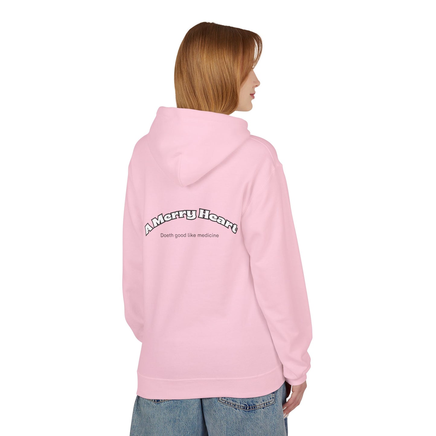 Hoodie — Happy Emoji Front with “A Merry Heart” Back Text Casual Pullover