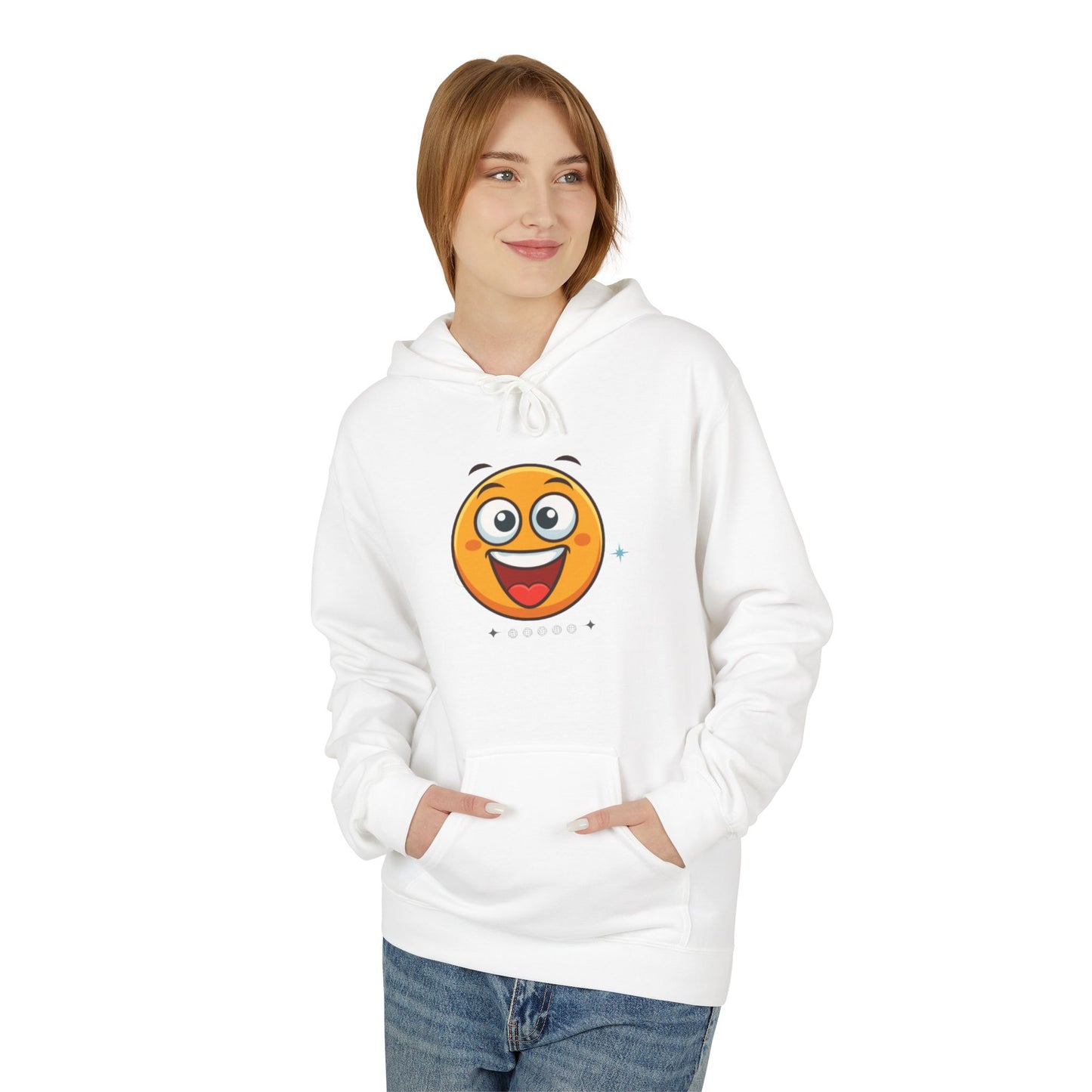 Hoodie — Happy Emoji Front with “A Merry Heart” Back Text Casual Pullover