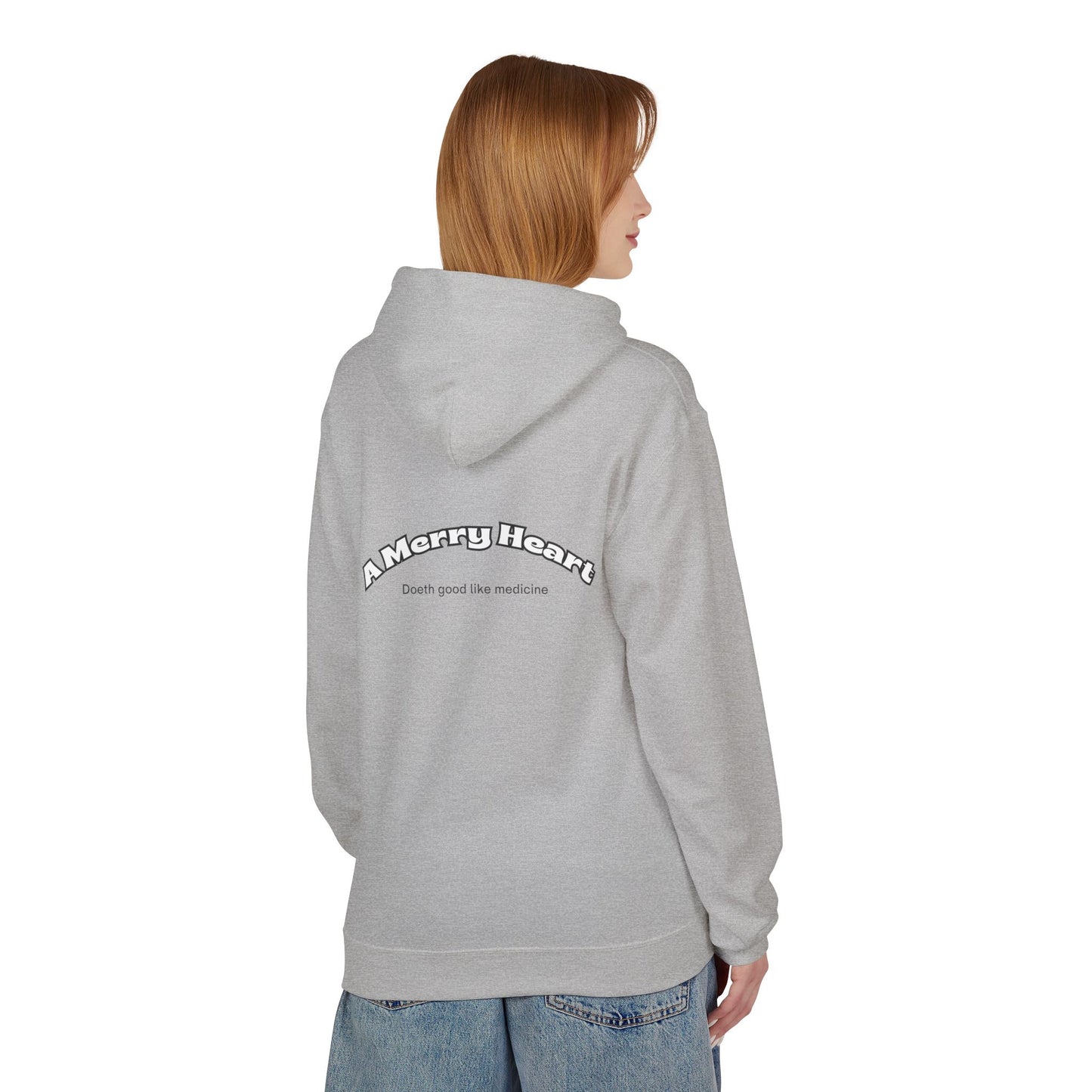 Hoodie — Happy Emoji Front with “A Merry Heart” Back Text Casual Pullover