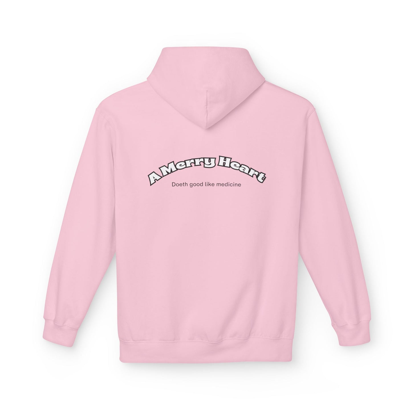 Hoodie — Happy Emoji Front with “A Merry Heart” Back Text Casual Pullover