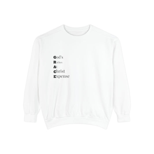 Christian Graphic Sweatshirt — "GRACE: God’s Redemption and Christ’s Expense" with Heart Hand Back Embroidery